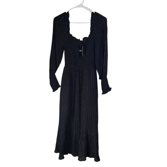 OAT New York Women's Dress Black Gold Metallic Pinstripe Midi Smocked NWT - Picture 2 of 8